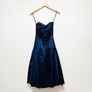 Vintage Teal Blue pearl studded sweetheart strapless dress Size Extra Small